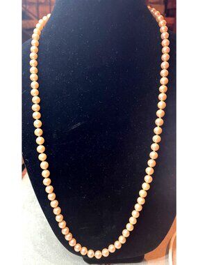 Vintage 50s Signed Japan Peach Pink Glass Pearl Necklace Hand Knotted Gold Tone